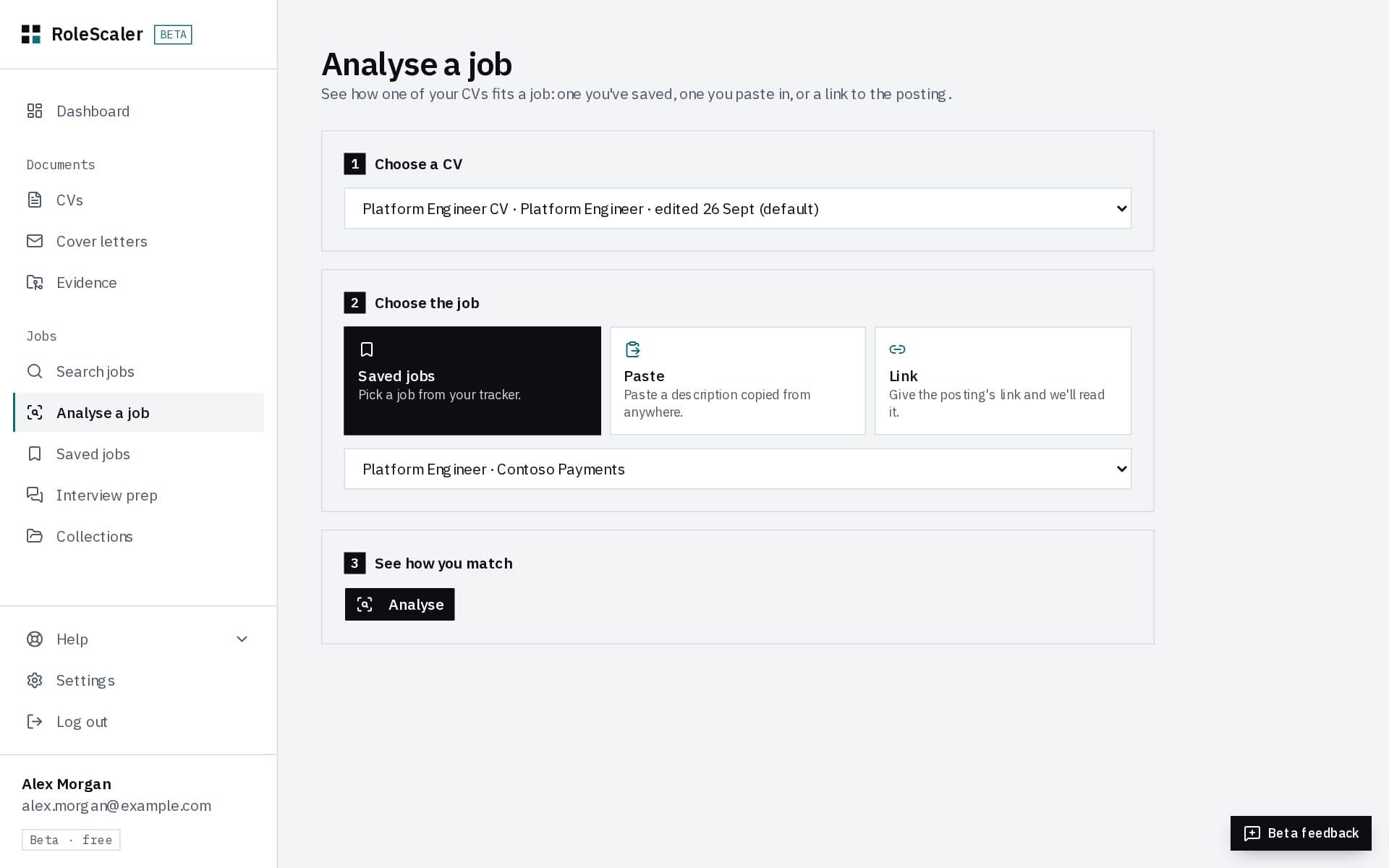 Analyse a job: choose a CV, choose the job from saved jobs, a pasted description or a link, then Analyse