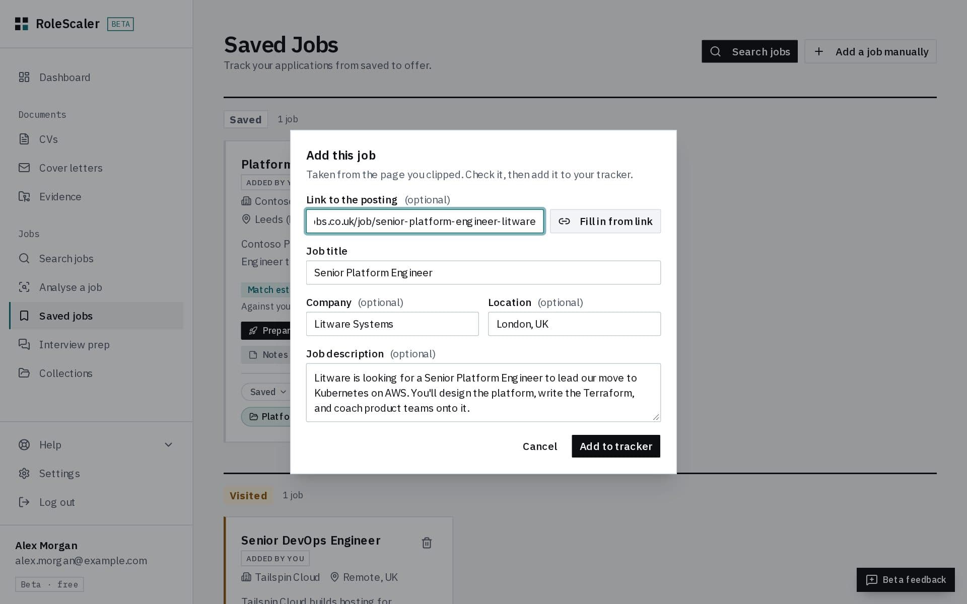 Add this job, filled in from a clipped page: link, title, company, location and description, ready to add to the tracker