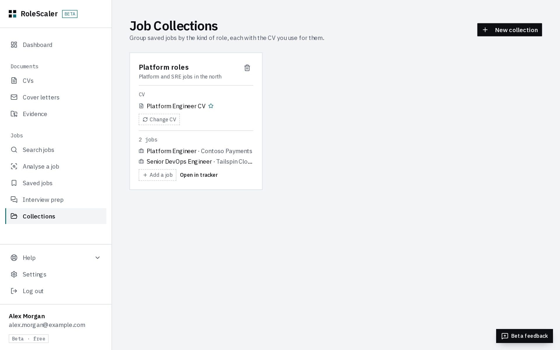 A collection called Platform roles, with its CV and two jobs