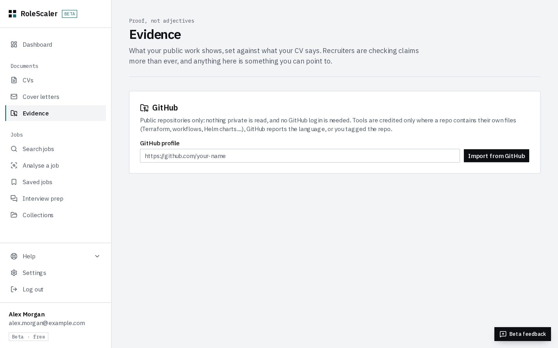 Evidence: import from a GitHub profile, public repositories only