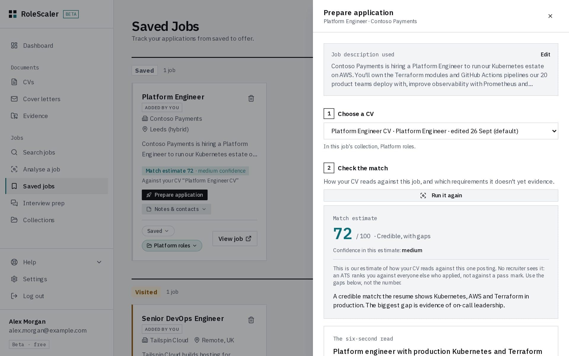 Prepare application: the CV chosen and a match estimate of 72 out of 100, credible with gaps