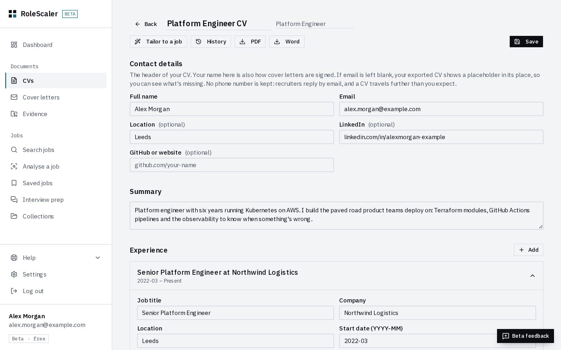 The CV editor, with Tailor to a job, PDF and Word buttons above the contact details