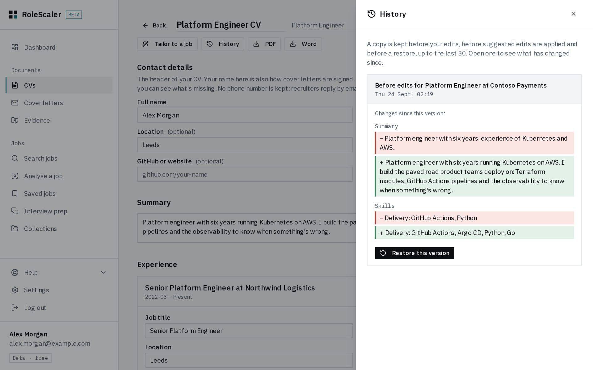 History open beside the CV editor, showing the summary and a skill group changed since the copy kept before tailoring