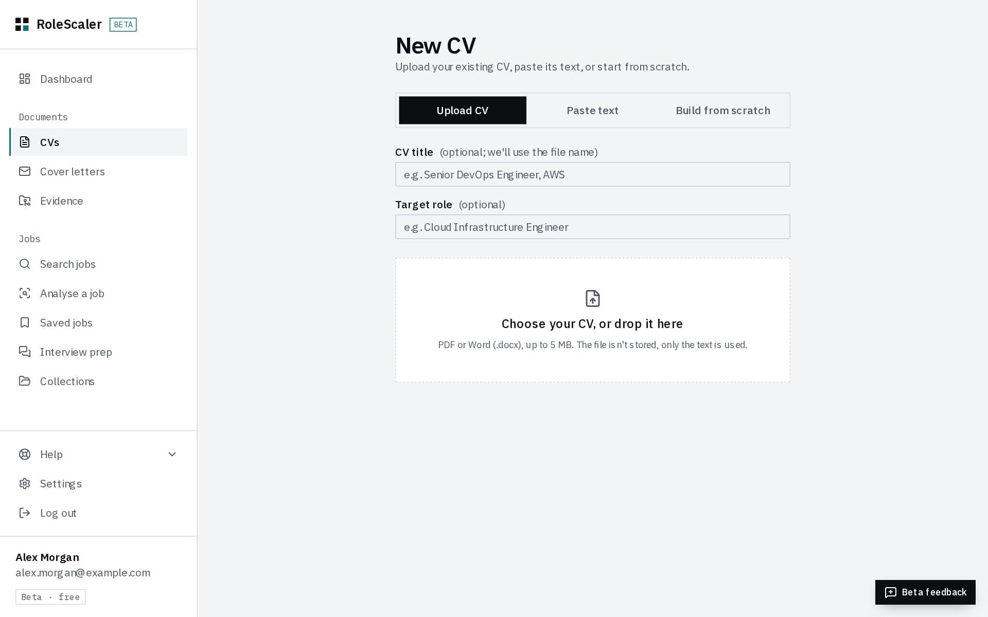 New CV, with the choice of uploading a file, pasting its text or building from scratch
