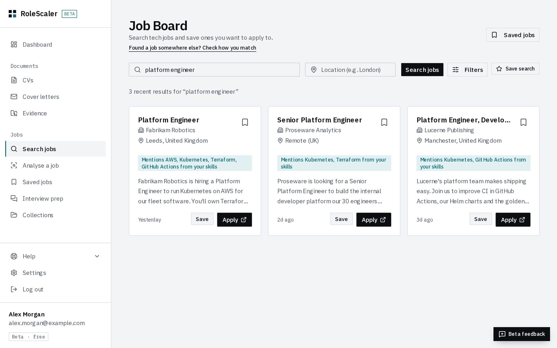 Search results for platform engineer, each with Save and Apply buttons and a note of skills mentioned