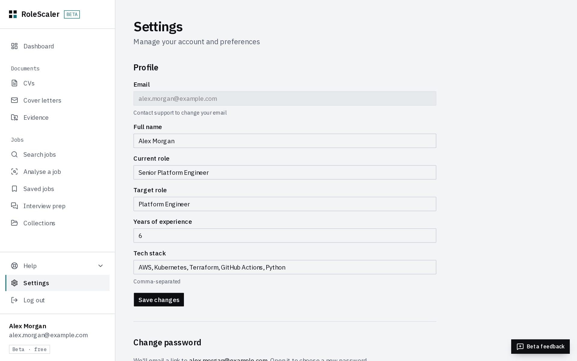 Settings: the profile form, followed by Change password
