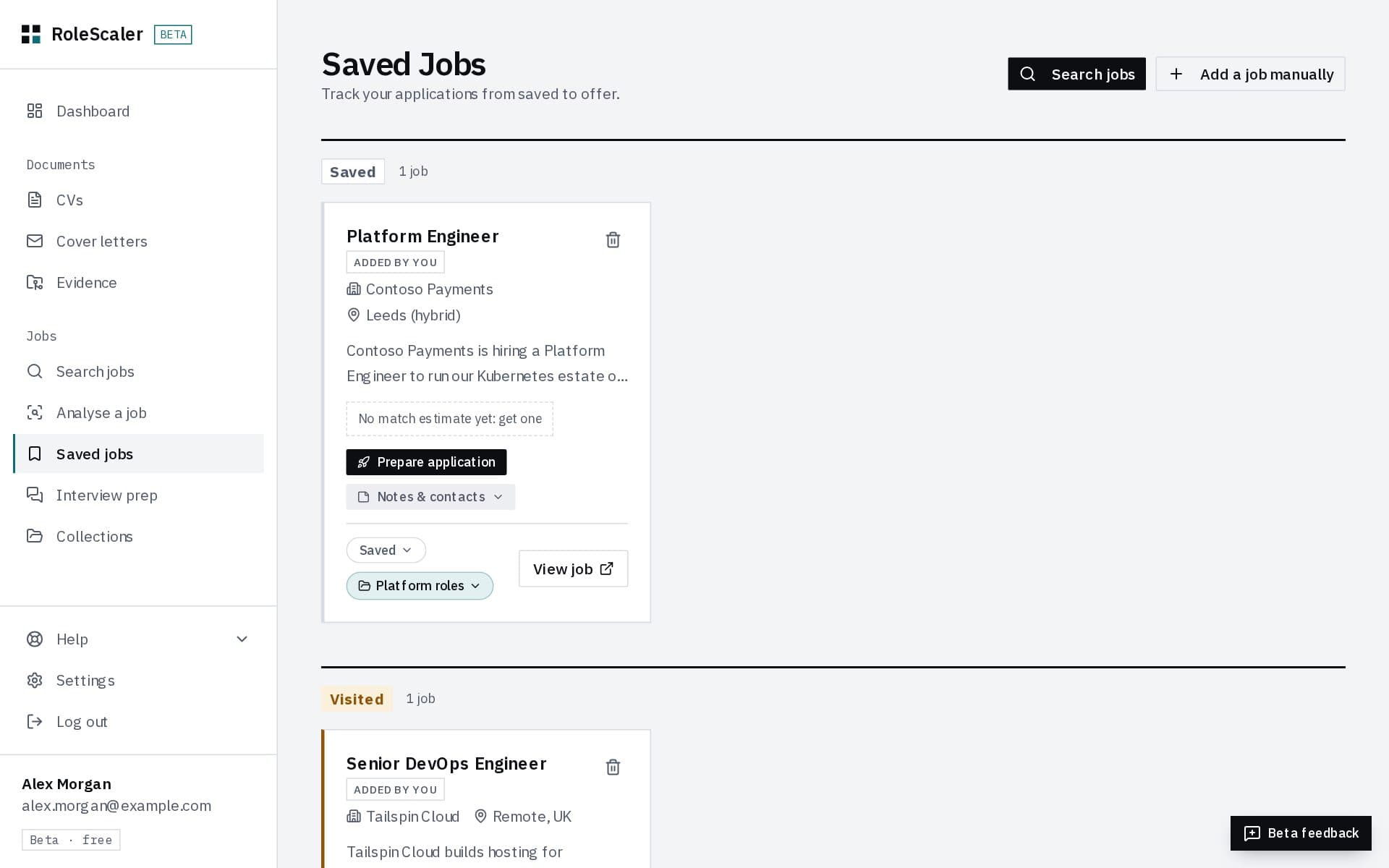 Saved jobs: a Saved and a Visited job, each with Prepare application, Notes, status and collection controls